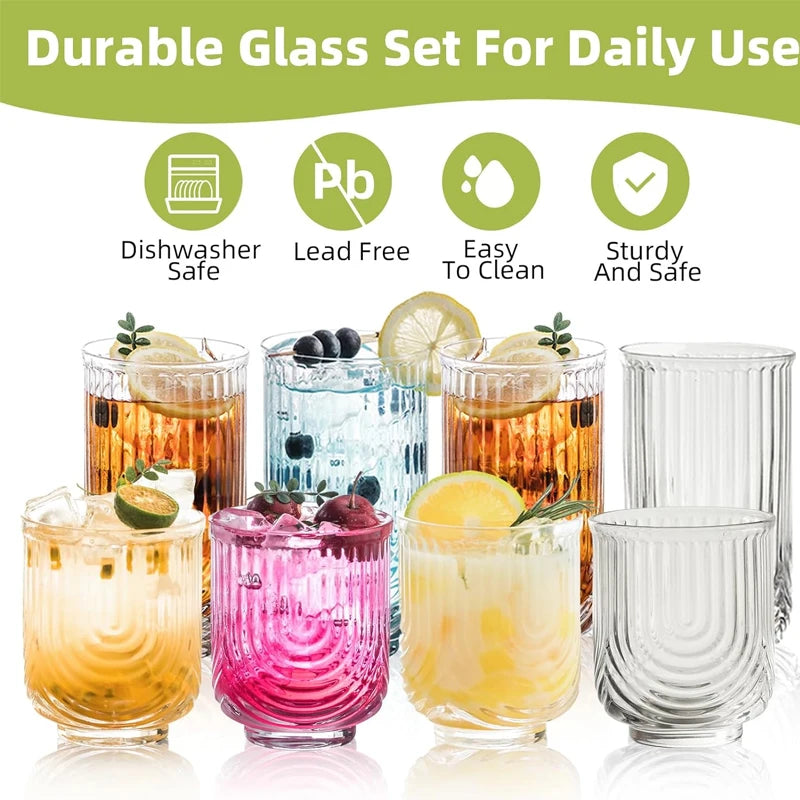 NONEDrinkware 8 Piece Art Deco Ribbed Highball Glass Set
