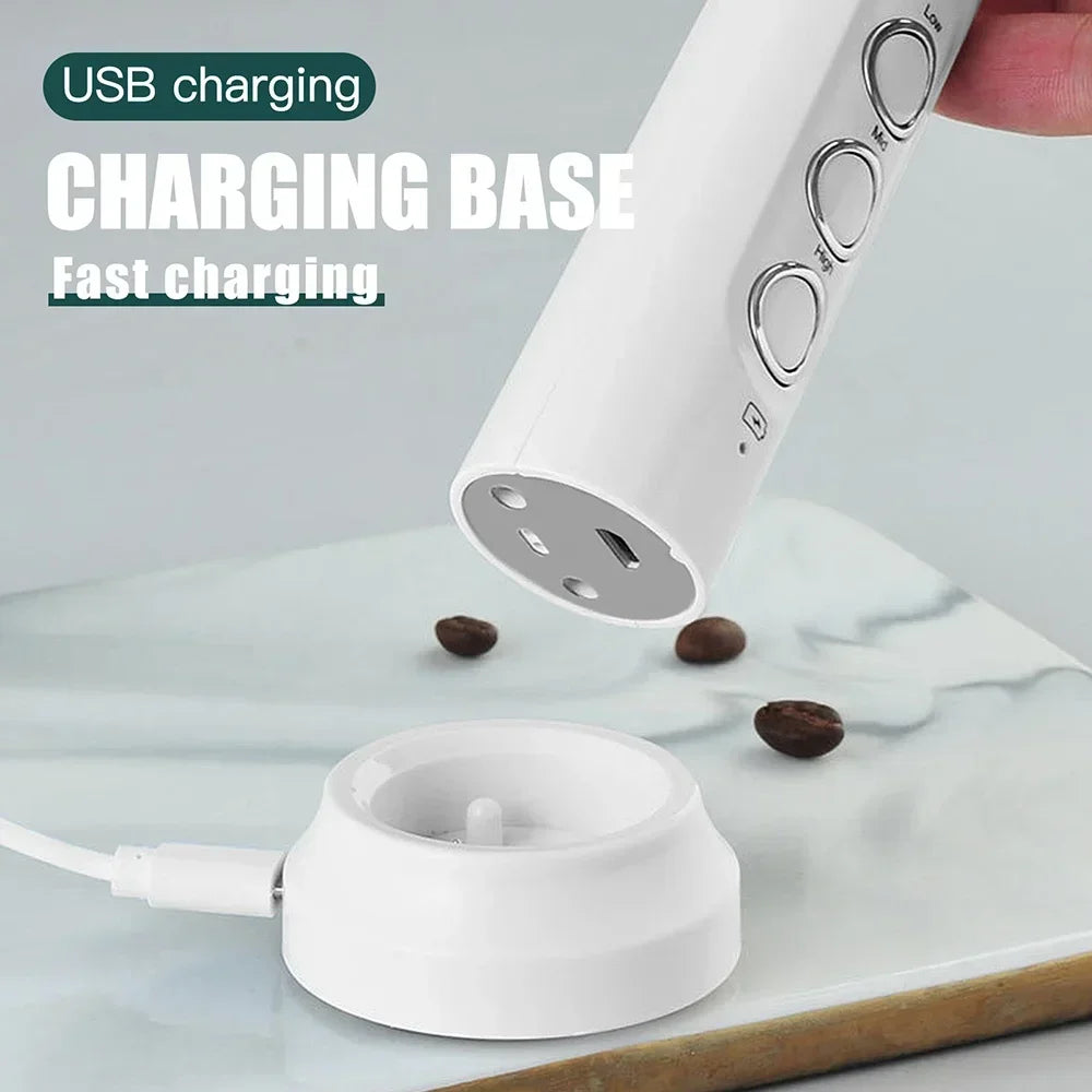 USB rechargeable milk frother, mini handheld electric foam maker with 3-speed settings and charging base
