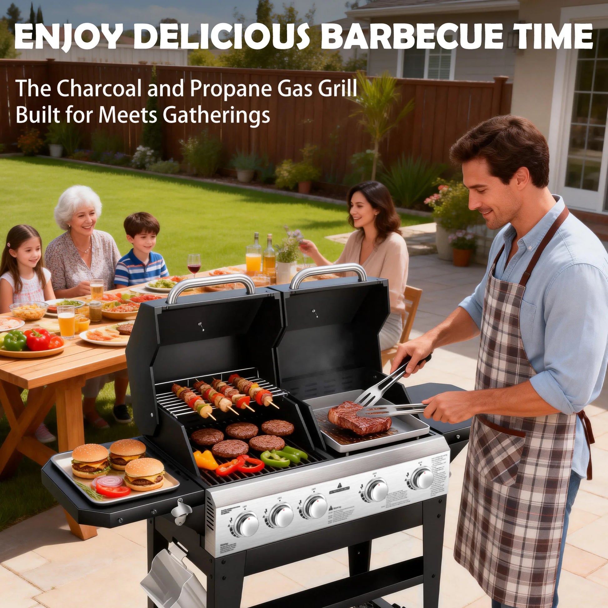 Gas Grill & Flat Top Griddle Combo 54,000 BTU Dual Cooking System,5-Burner Grill Stove Stainless Steel Panel,for Outdoor Cooking by S And B Enterprise
