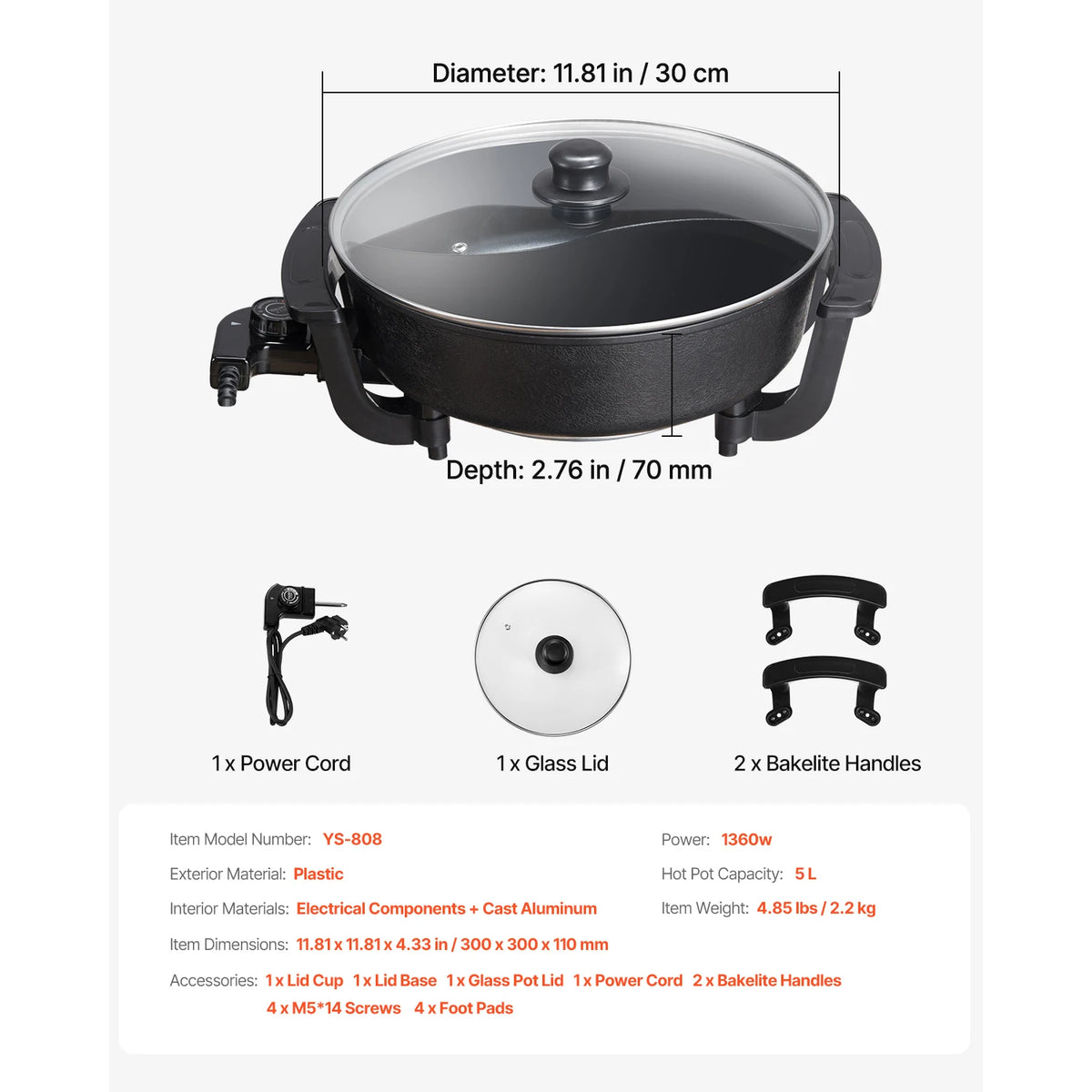 SucceBuy electric hot pot 5 L with divider, glass lid, black non-stick surface for 6–10 people