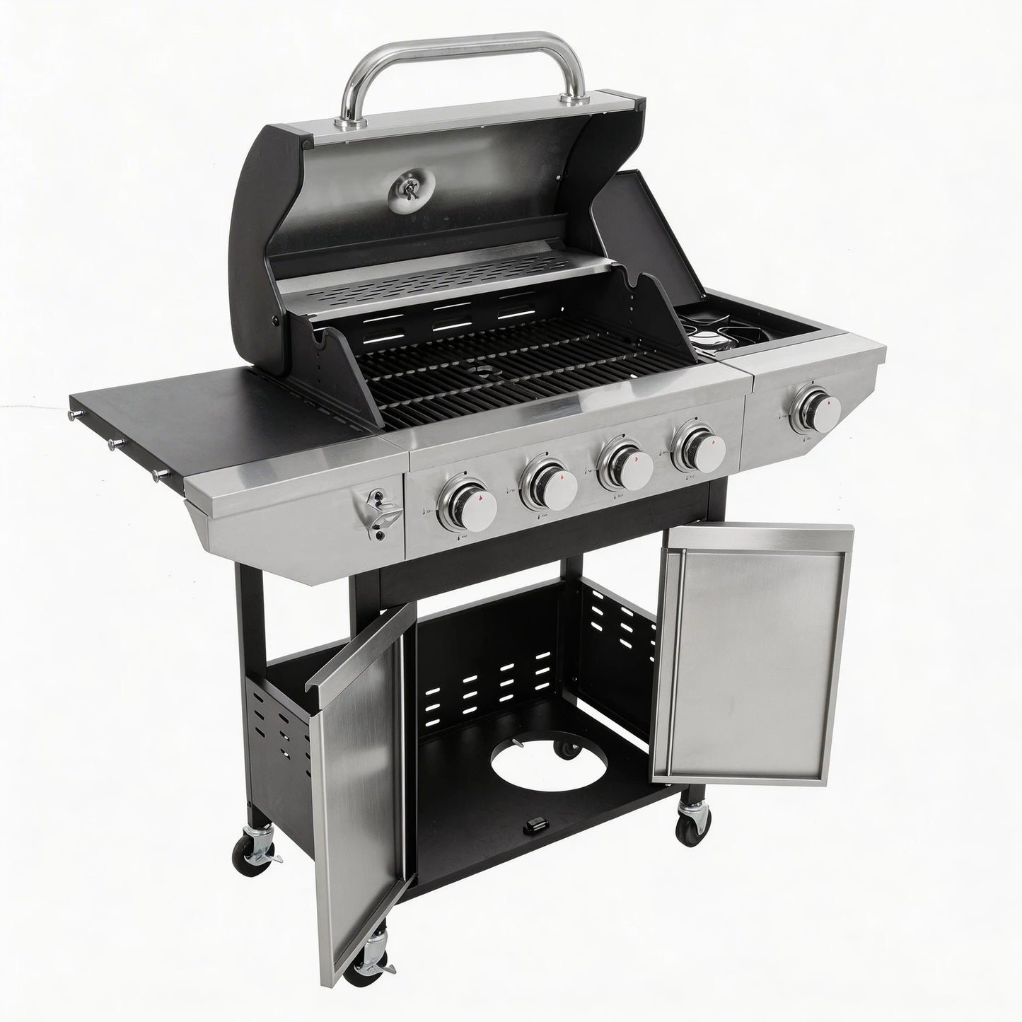 S And B Enterprise 4-burner stainless steel gas grill with side burner on a wheeled cart