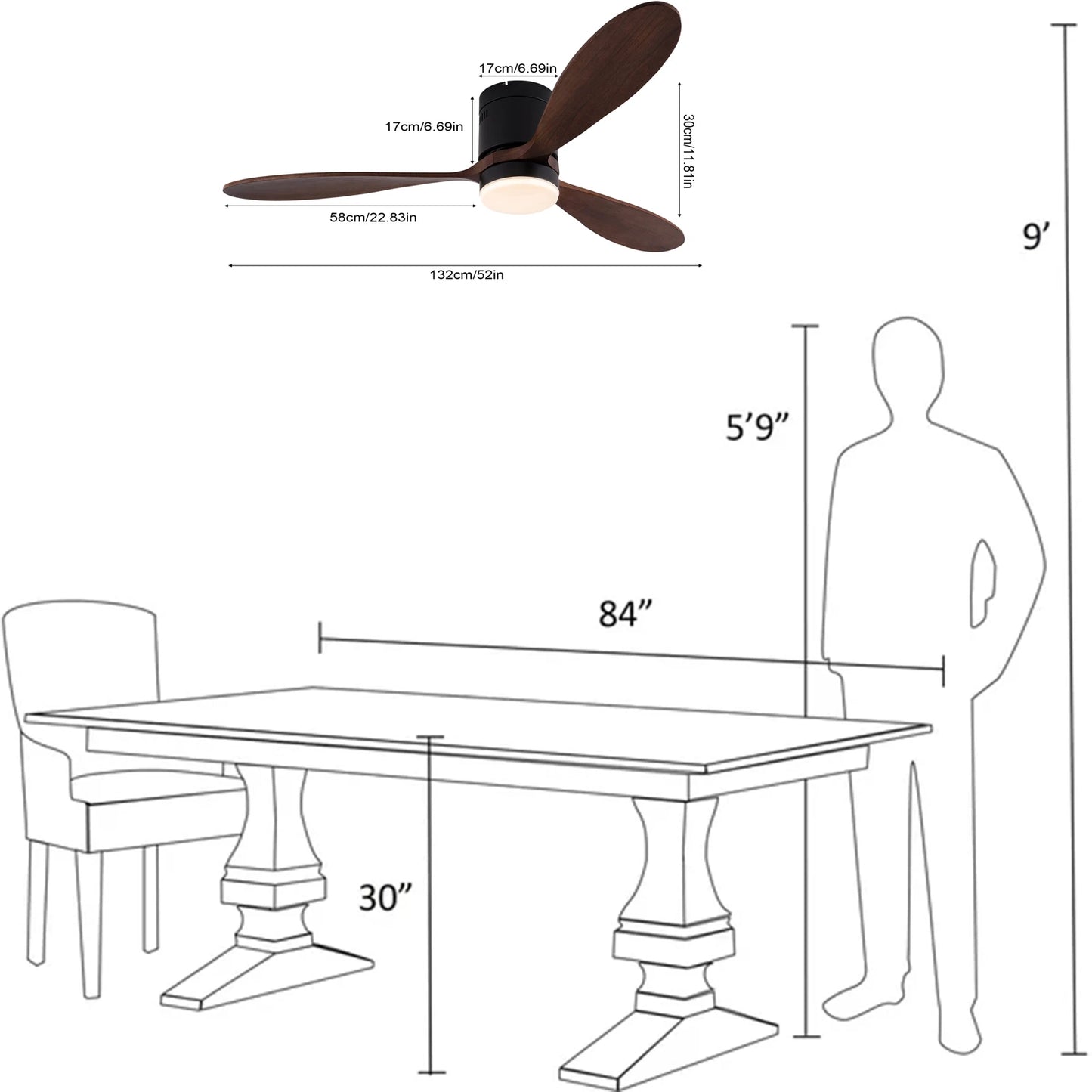 52-inch smart ceiling fan by S And B Enterprise with remote, dimmable LED light and dark wood blades.
