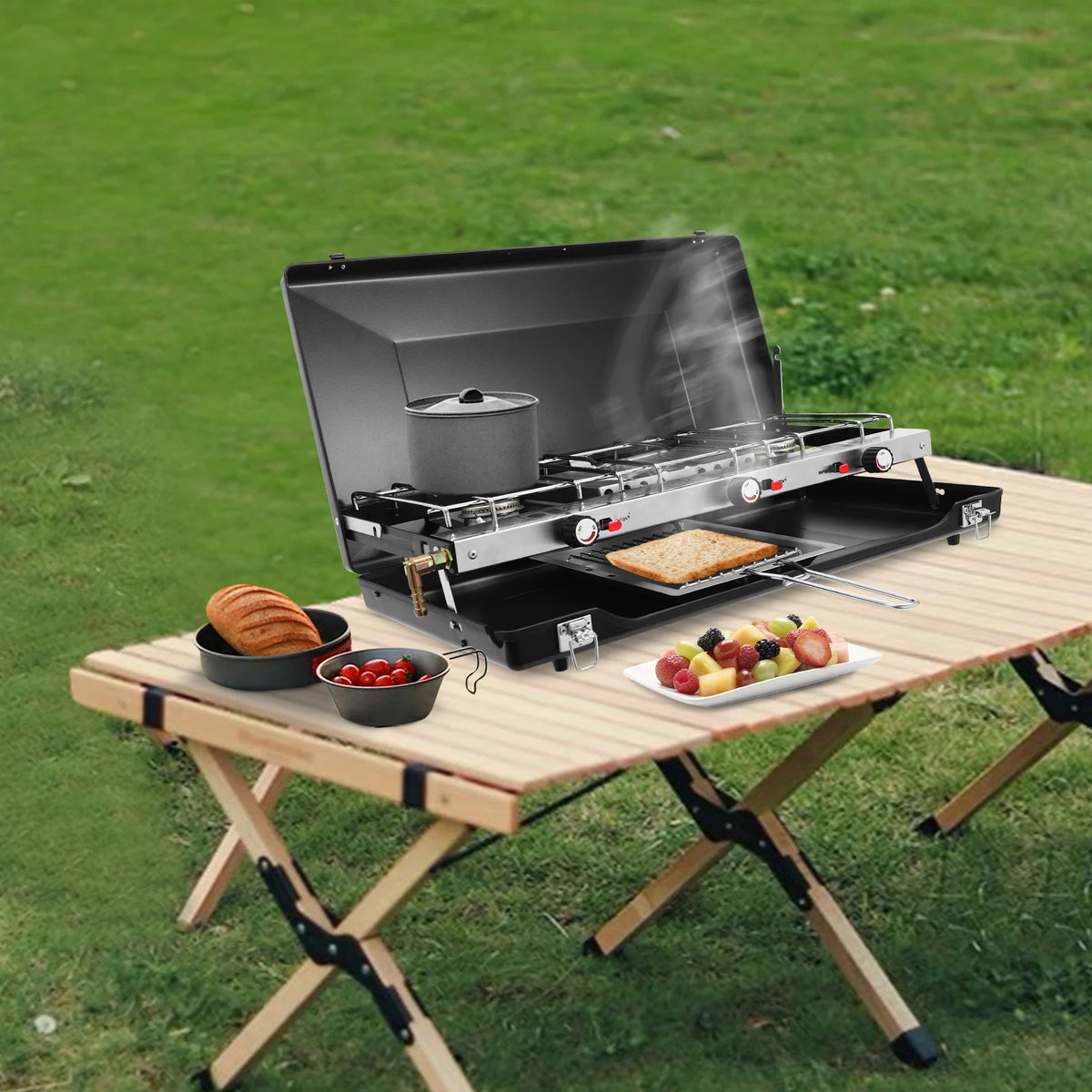 Portable tabletop 3-burner camping stove by S And B Enterprise with non-slip feet and sturdy latches