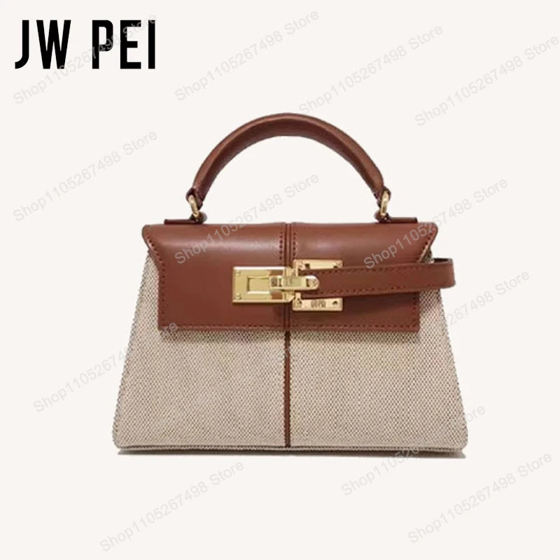JW PEI Elise top-handle bag with beige canvas body and brown leather trim, gold hardware.