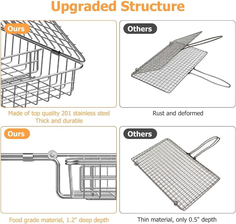 Deep stainless steel BBQ grilling basket by S And B Enterprise, detachable handle, 3 sections for fish, veggies, meat