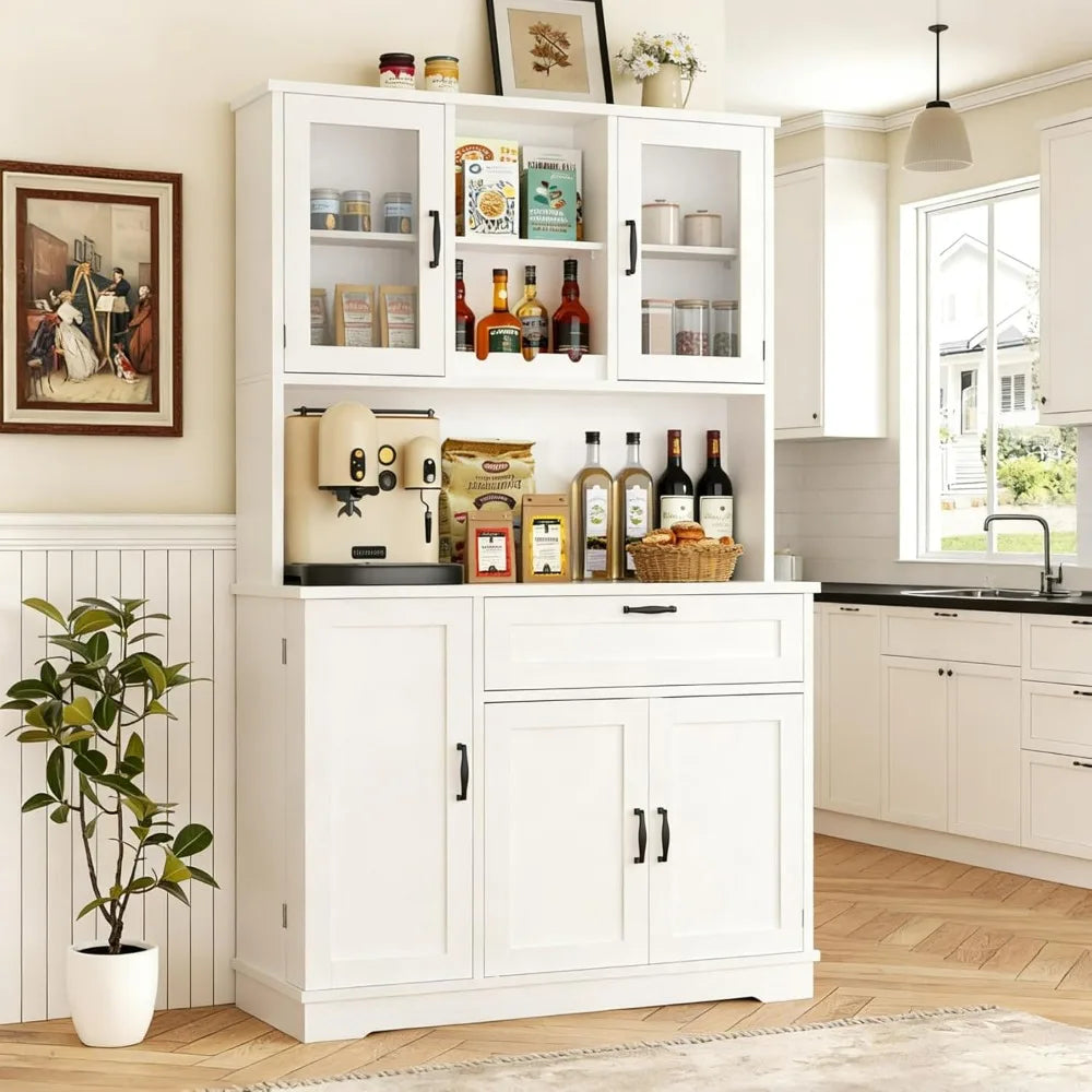 Vongrasig white tall kitchen pantry cabinet with glass-front upper hutch and lower cabinet storage
