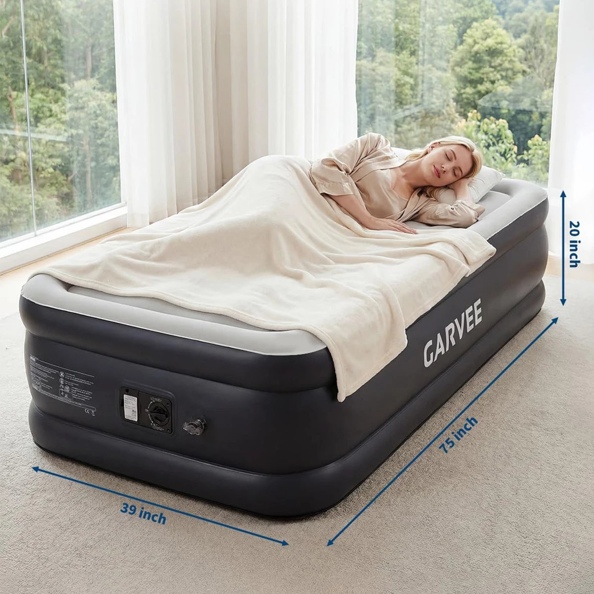 Raised air mattress GARVEE 20-inch with built-in pump, dark gray PVC, queen size, shown with a person resting.