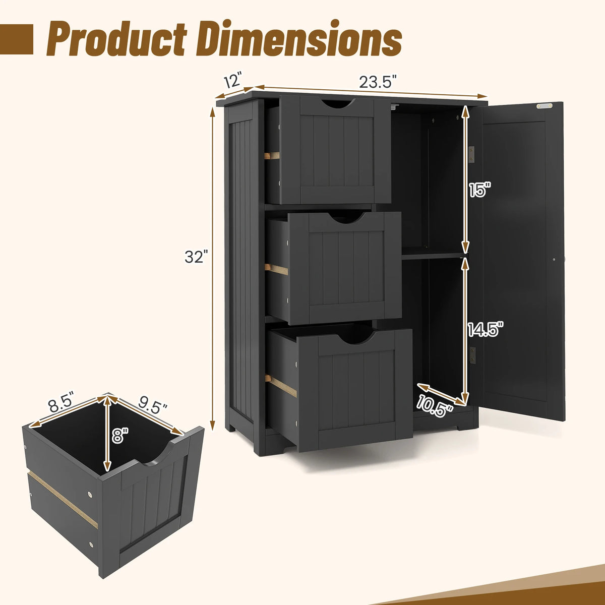 Black bathroom floor cabinet with 3 drawers and 1 cupboard for extra storage.