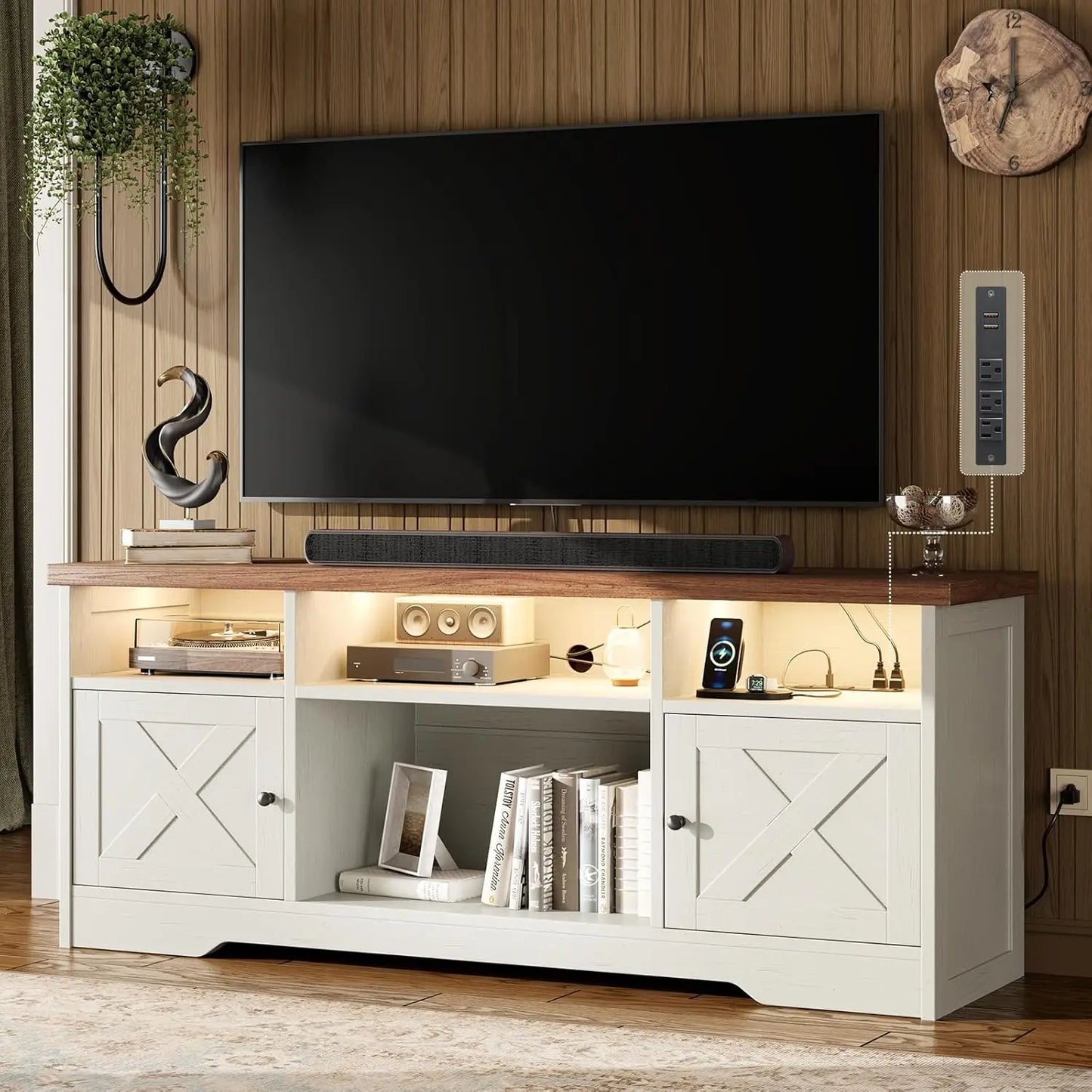 BIANXIANG Farmhouse TV Stand With Power Outlet And LED Lighting by S And B Enterprise