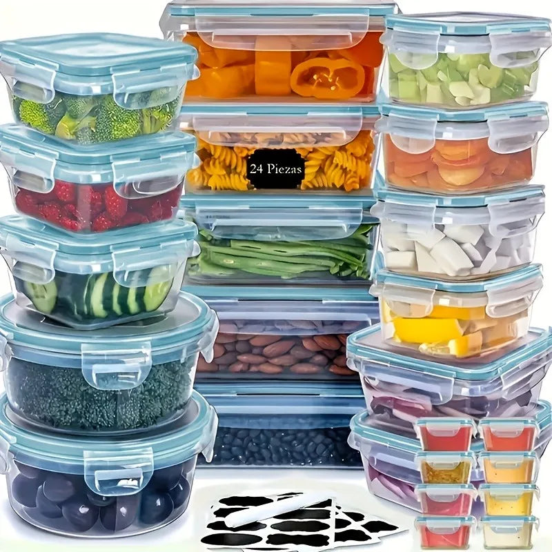 Food storage set, 48-piece BPA-free with 24 airtight blue-lidded containers