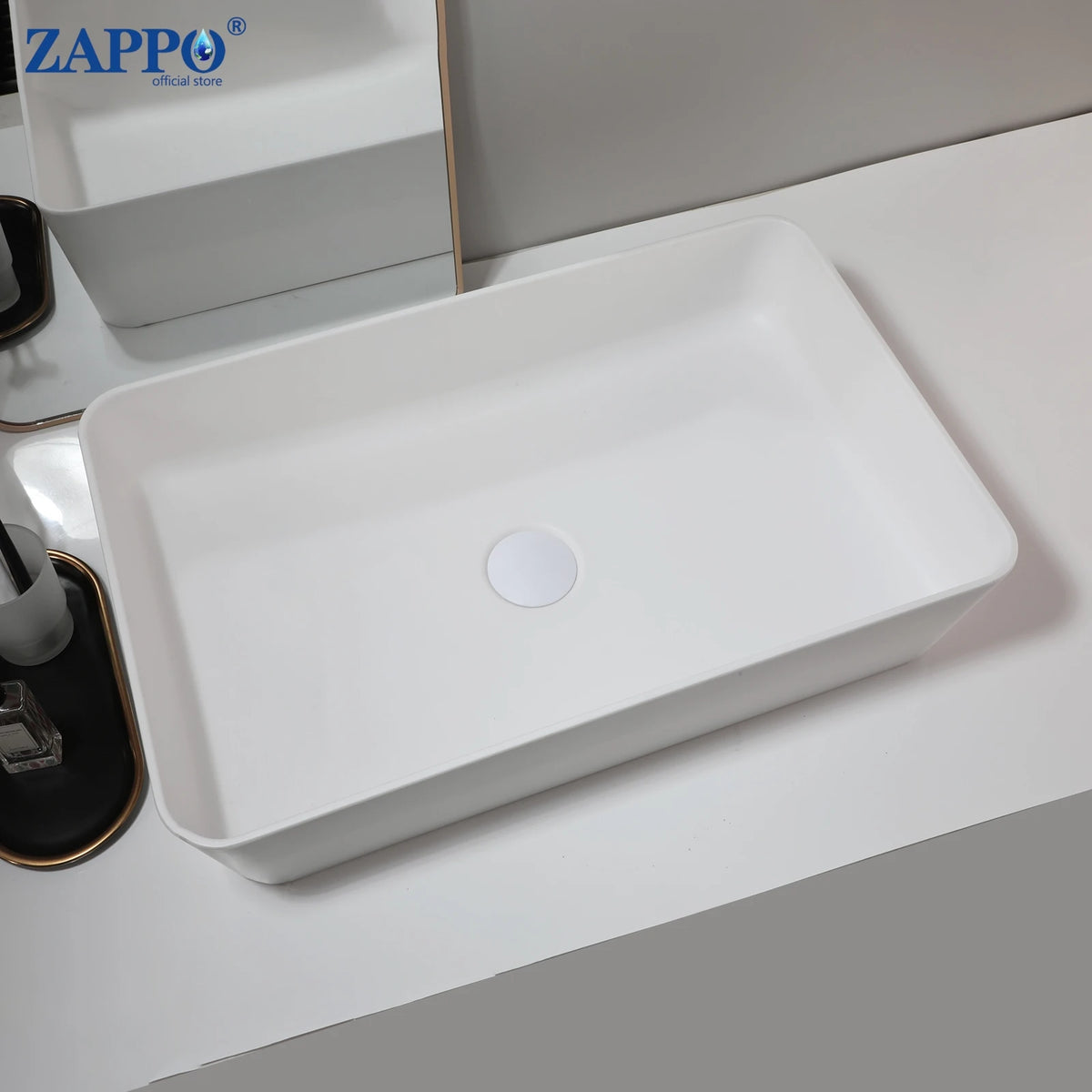 ZAPPO white rectangular bathroom vessel sink with a center drain on a countertop; packaging with ZAPPO logo.