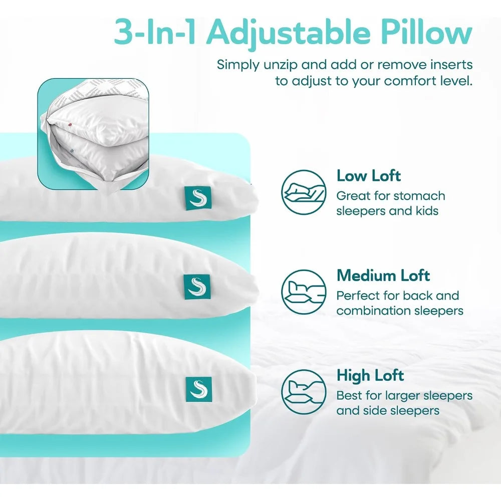 Cooling bed pillows 2-pack queen size by S And B Enterprise; 3-in-1 adjustable loft, washable covers