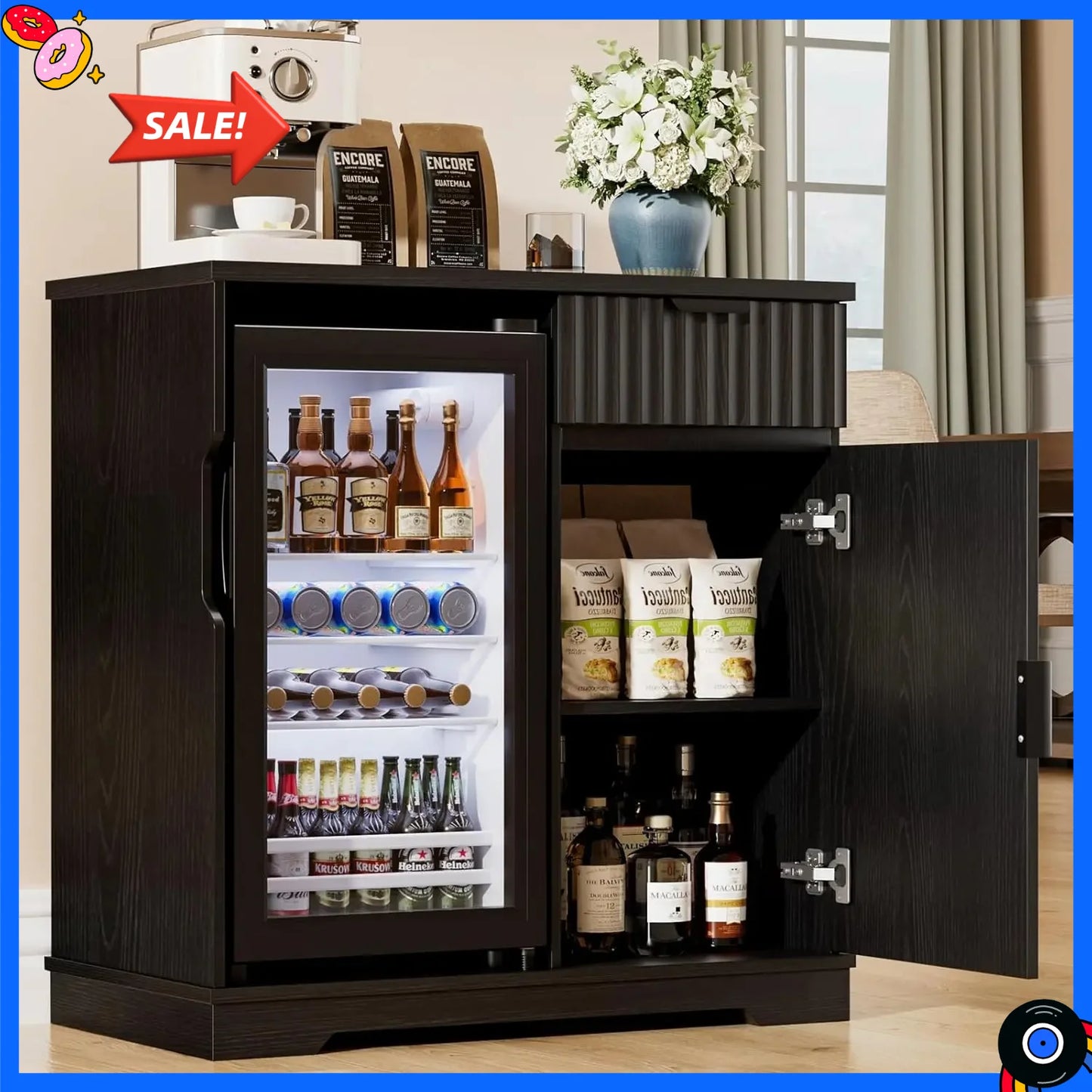 Mini Fridge Cabinet With Refrigerator, Fluted Coffee Bar