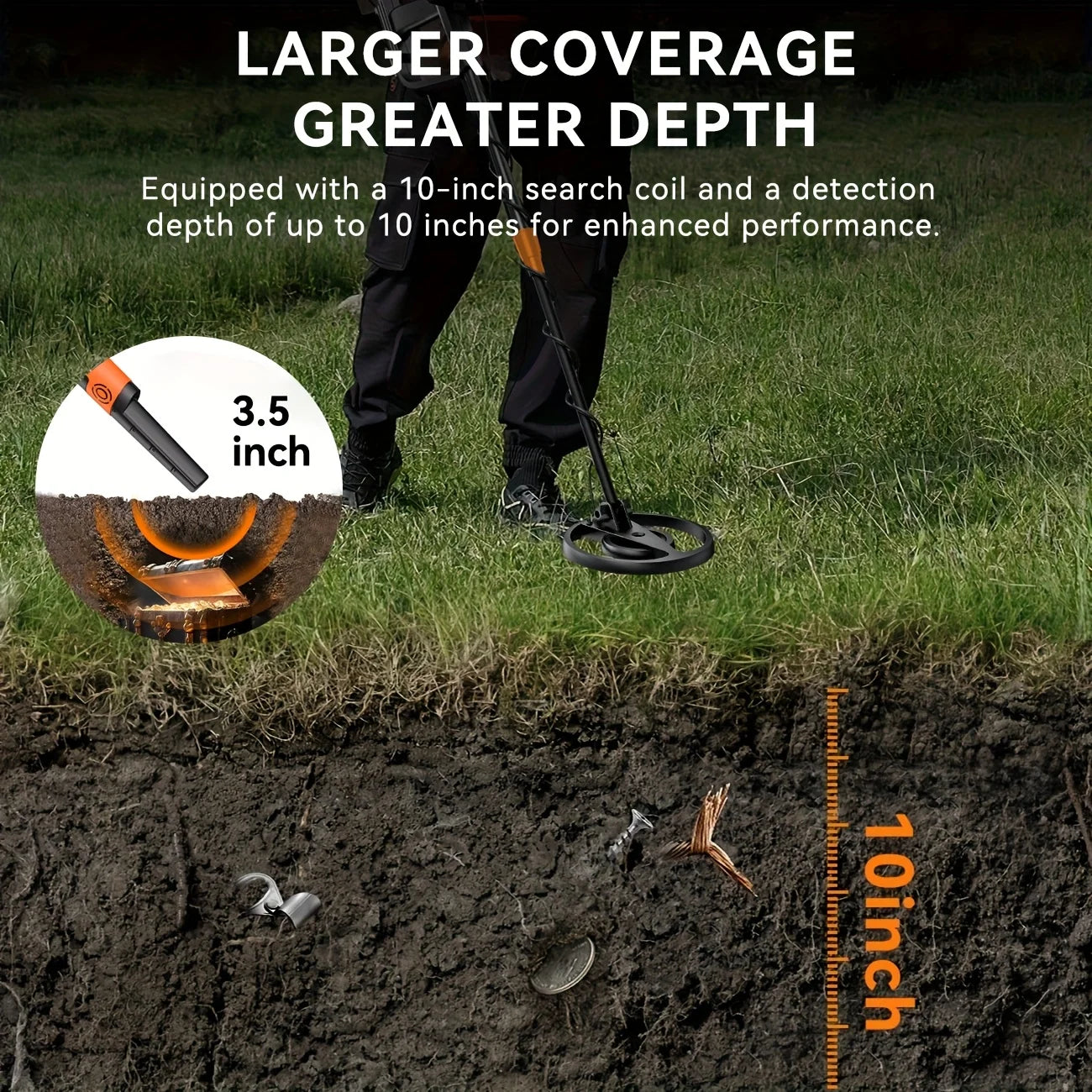 SUNPOW underground metal detector kit with pinpointer; black body with orange accents, 10-inch IP68 coil, LCD display