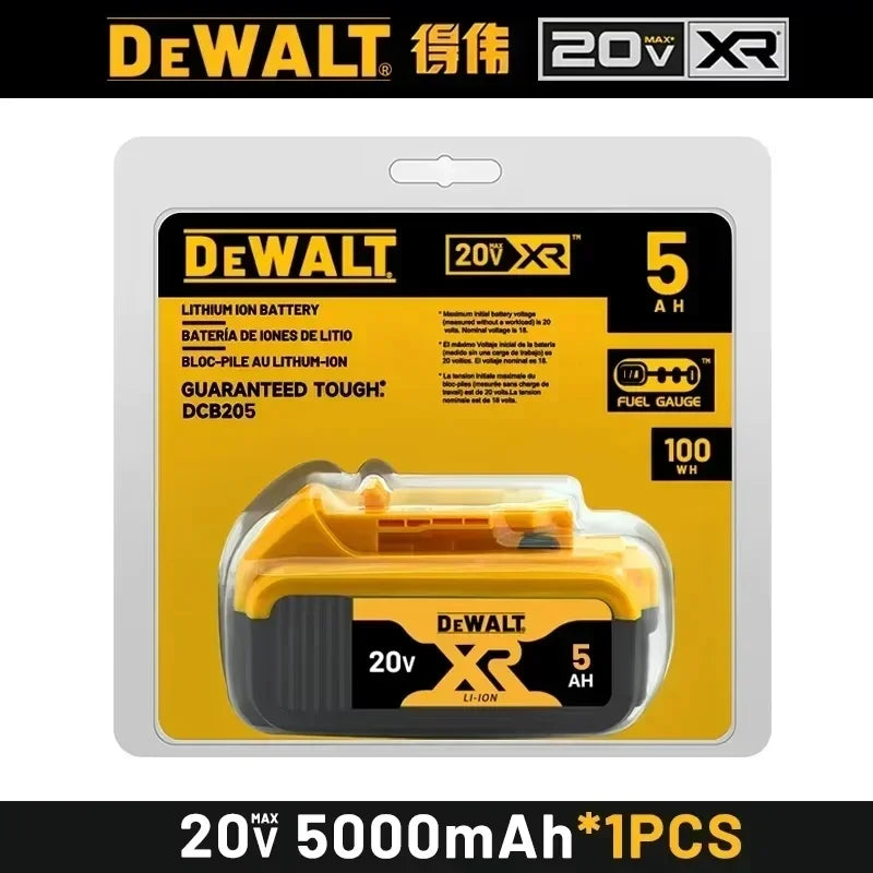 DeWalt 20V XR lithium-ion battery pack, 5Ah, yellow and black blister packaging.