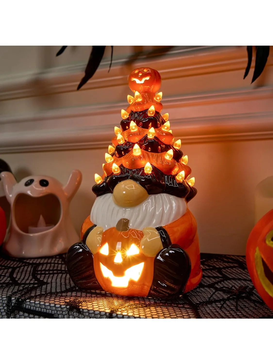 Halloween Pumpkin Gnome Ceramic LED Tabletop Decor For Autumn Parties