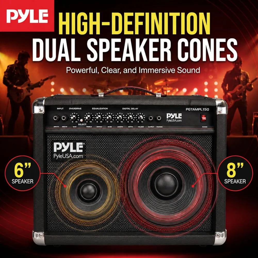 PYLE portable guitar amplifier with 6-inch and 8-inch dual speakers in a black cabinet with a top handle