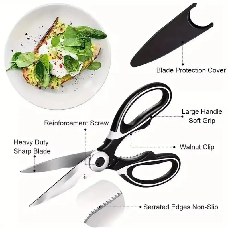 Multifunctional stainless steel kitchen scissors by S And B Enterprise with heavy duty blades and soft grip handles