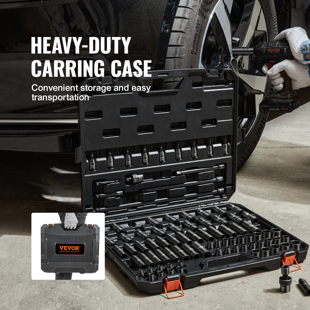 Socket set in rugged carrying case, 90-piece SAE/metric 6-point sockets, VEVOR