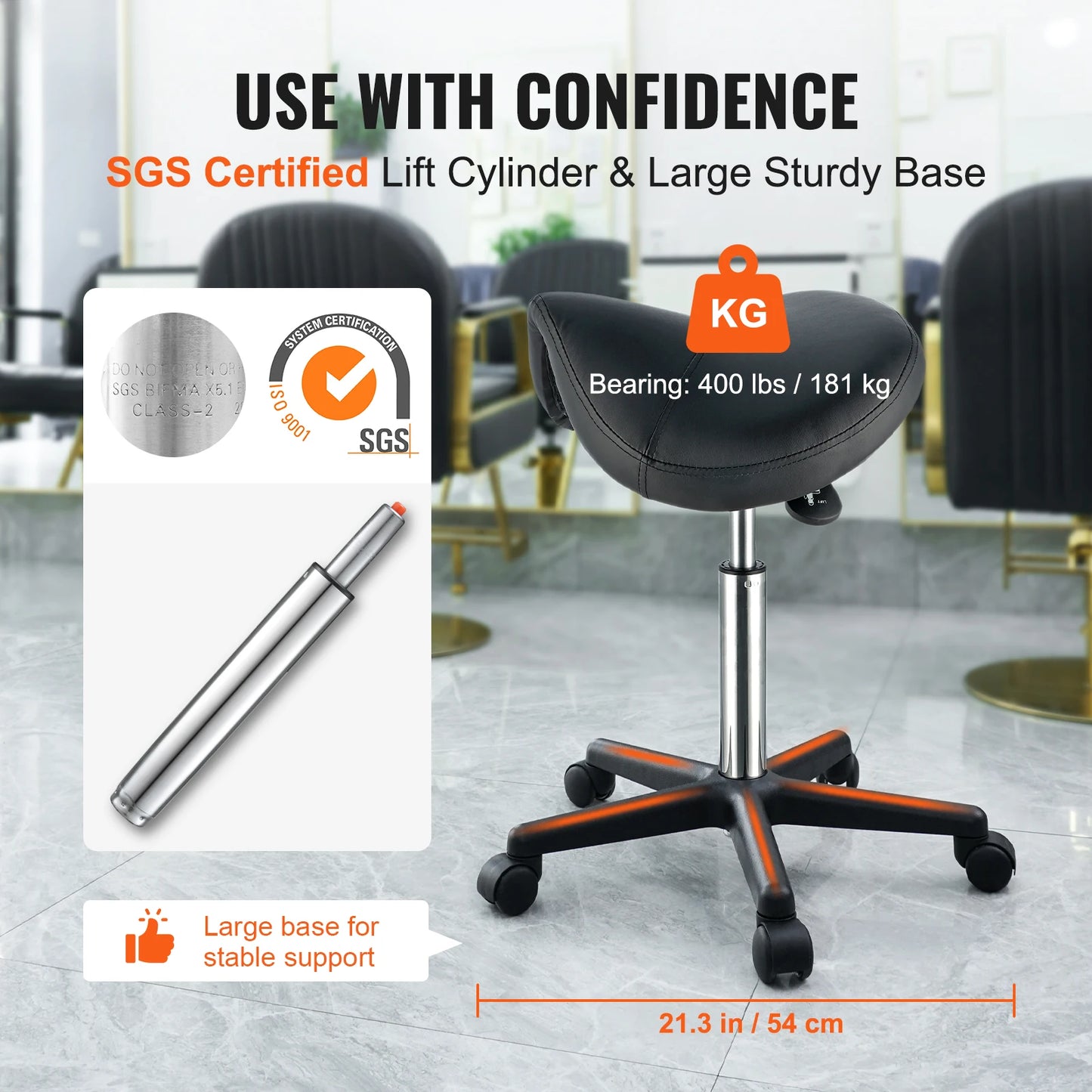 Ergonomic saddle stool by S And B Enterprise with 5 swivel casters, black seat, chrome base, height 20.1–28 in.