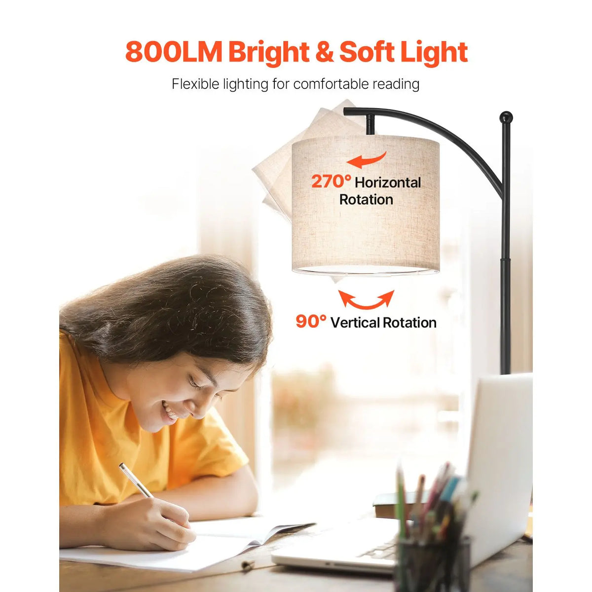 Dimmable floor lamp with remote and foot switch; adjustable color temperature and brightness; LED bulb and lampshade included.