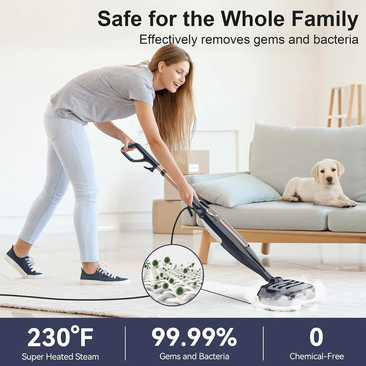 VM6 steam mop cleaner by S And B Enterprise with rotating mop pads and LED headlights, 1300W