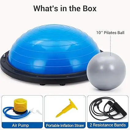 Half exercise ball 60 cm balance trainer by S And B Enterprise with non-slip base; includes pump and 2 resistance bands.