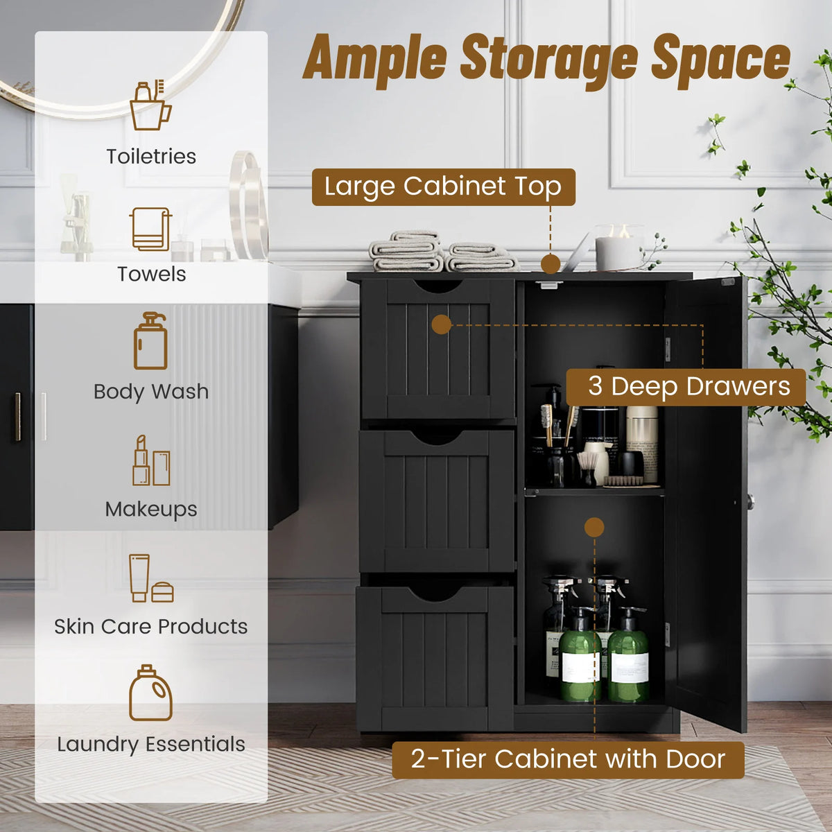 Bathroom floor cabinet by S And B Enterprise, black with 3 drawers and a cupboard