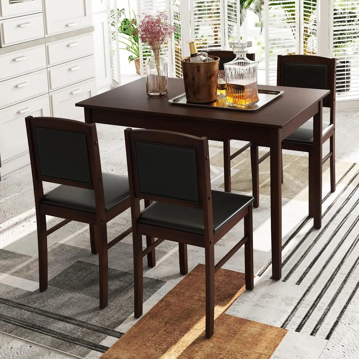Solid Wood Dining Table Set With Four Upholstered Chairs