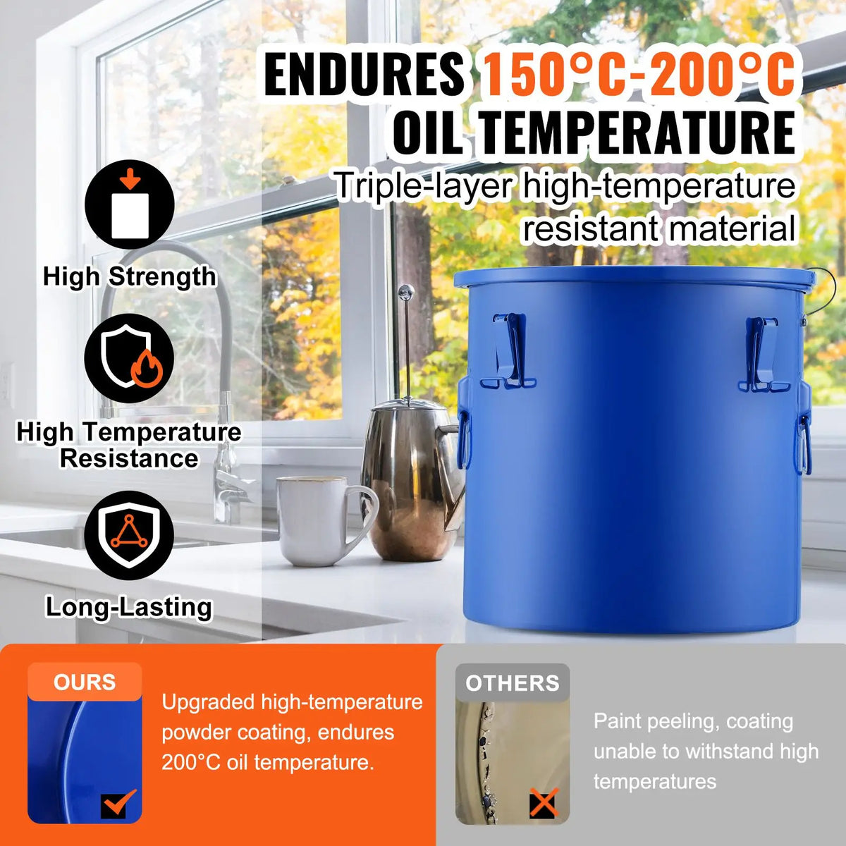Blue 10 gal fryer grease bucket, oil disposal caddy with lid and lock clips, S And B Enterprise