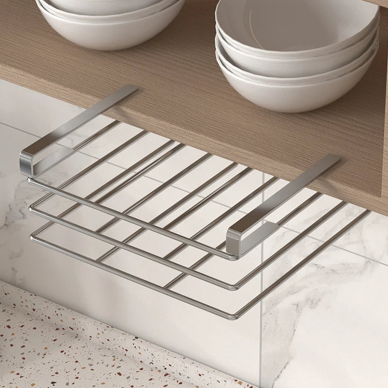 Under-cabinet stainless steel cutting board organizer rack with hanging arms for pots and lids