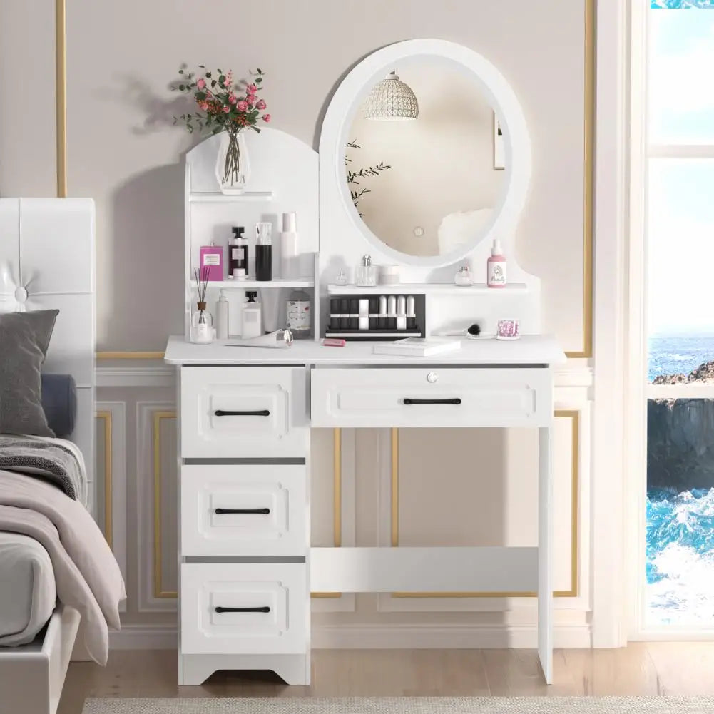 Makeup Table with Light Mirror Open Shelves Makeup Vanity Table Smooth Surface Bedroom Large Dressing Table Bedroom Furniture