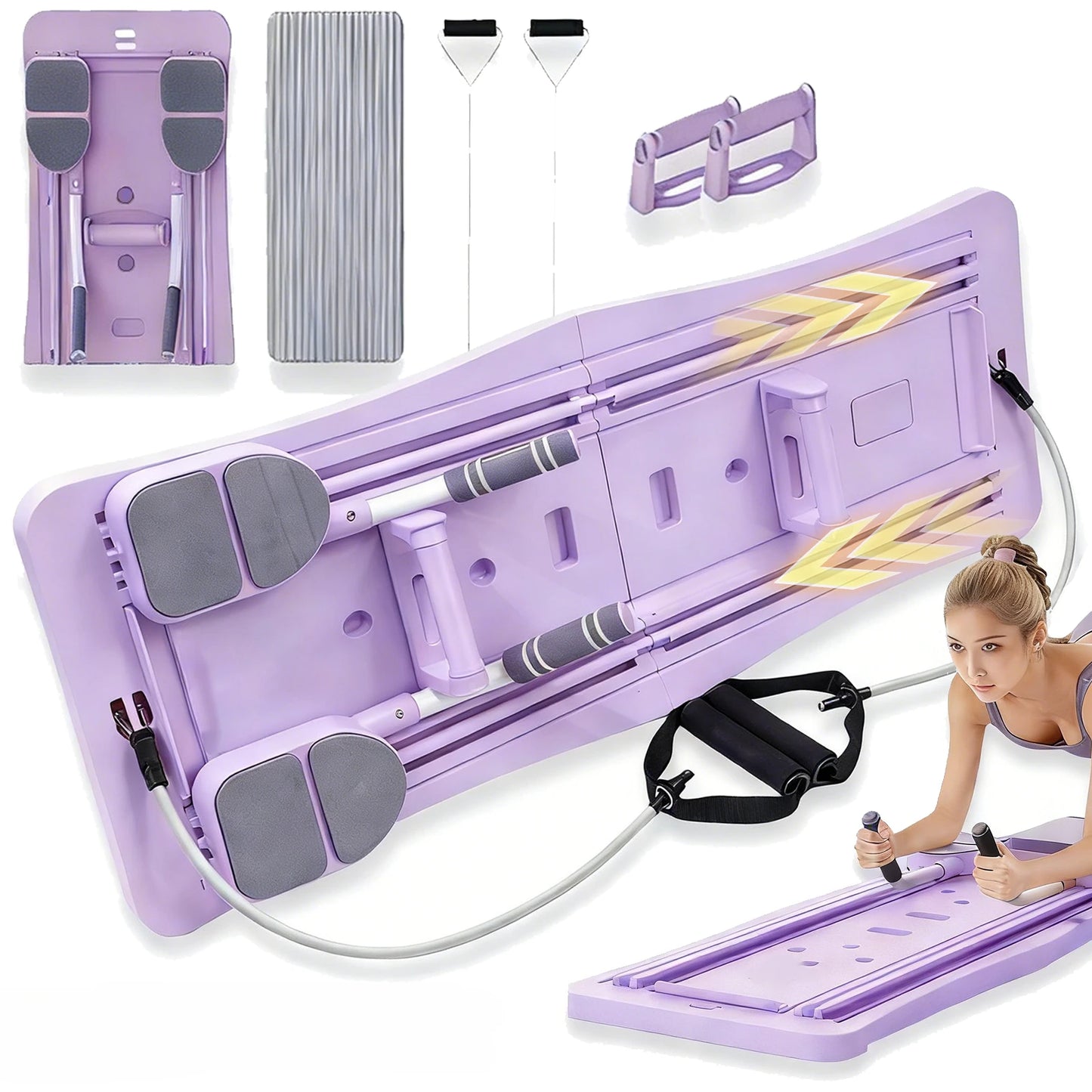 Pilates sliding board reformer by S And B Enterprise; purple foldable platform with resistance bands