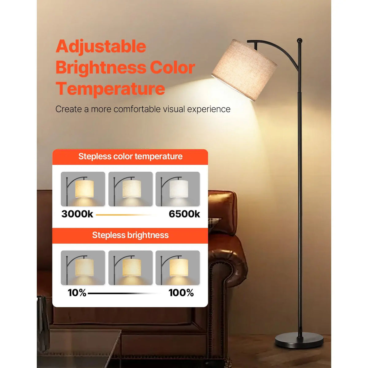 Dimmable floor lamp by S And B Enterprise with adjustable color temperature and brightness, fabric shade