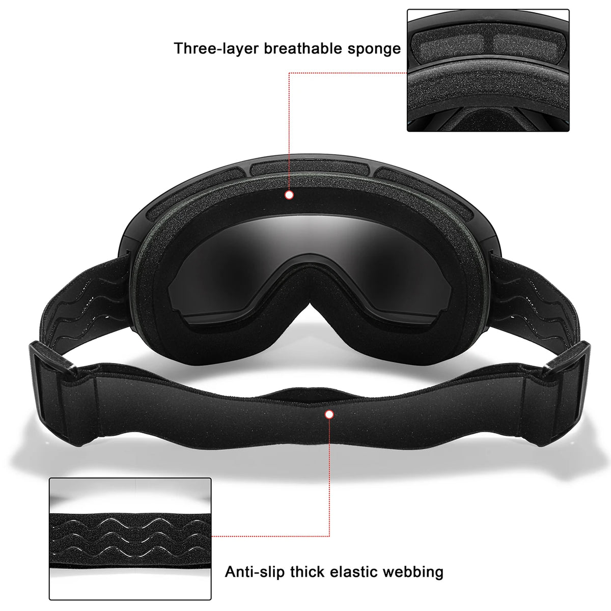 Winter ski goggles with black frame and anti-slip elastic strap, UV400 anti-fog lenses, and three-layer foam padding.