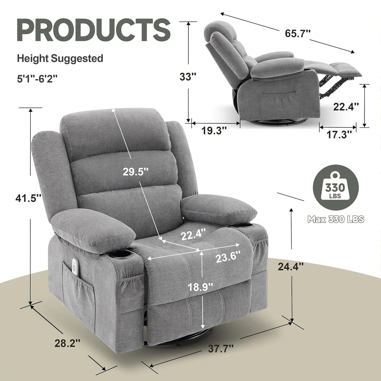 Rocker Recliner Chair With Heat And Massage 360 Swivel