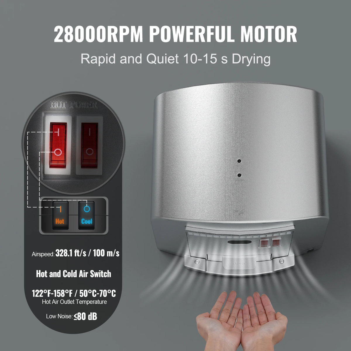 Hand dryer by S And B Enterprise; 1400W automatic warm wind unit with built-in filter sponge in silver
