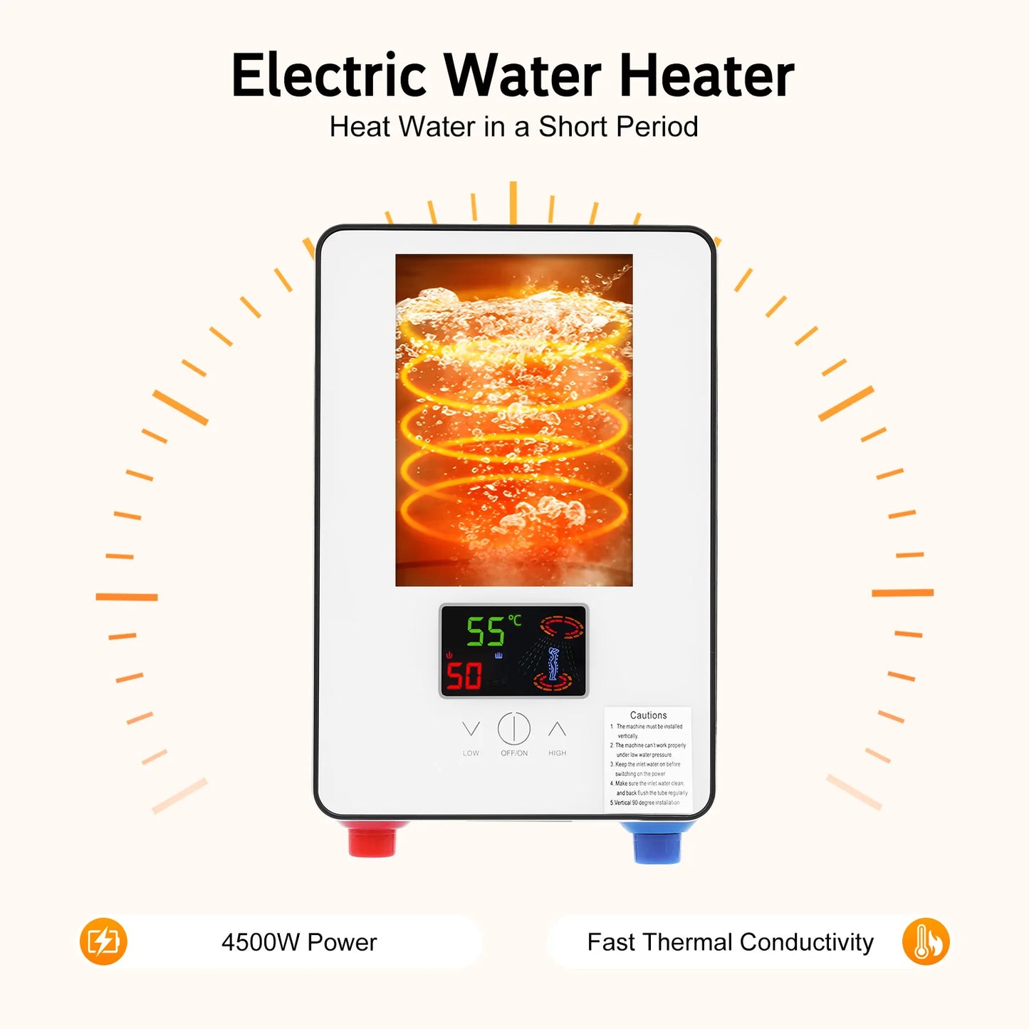 4500W electric water heater with LED touch screen thermostat and red/blue inlet connectors