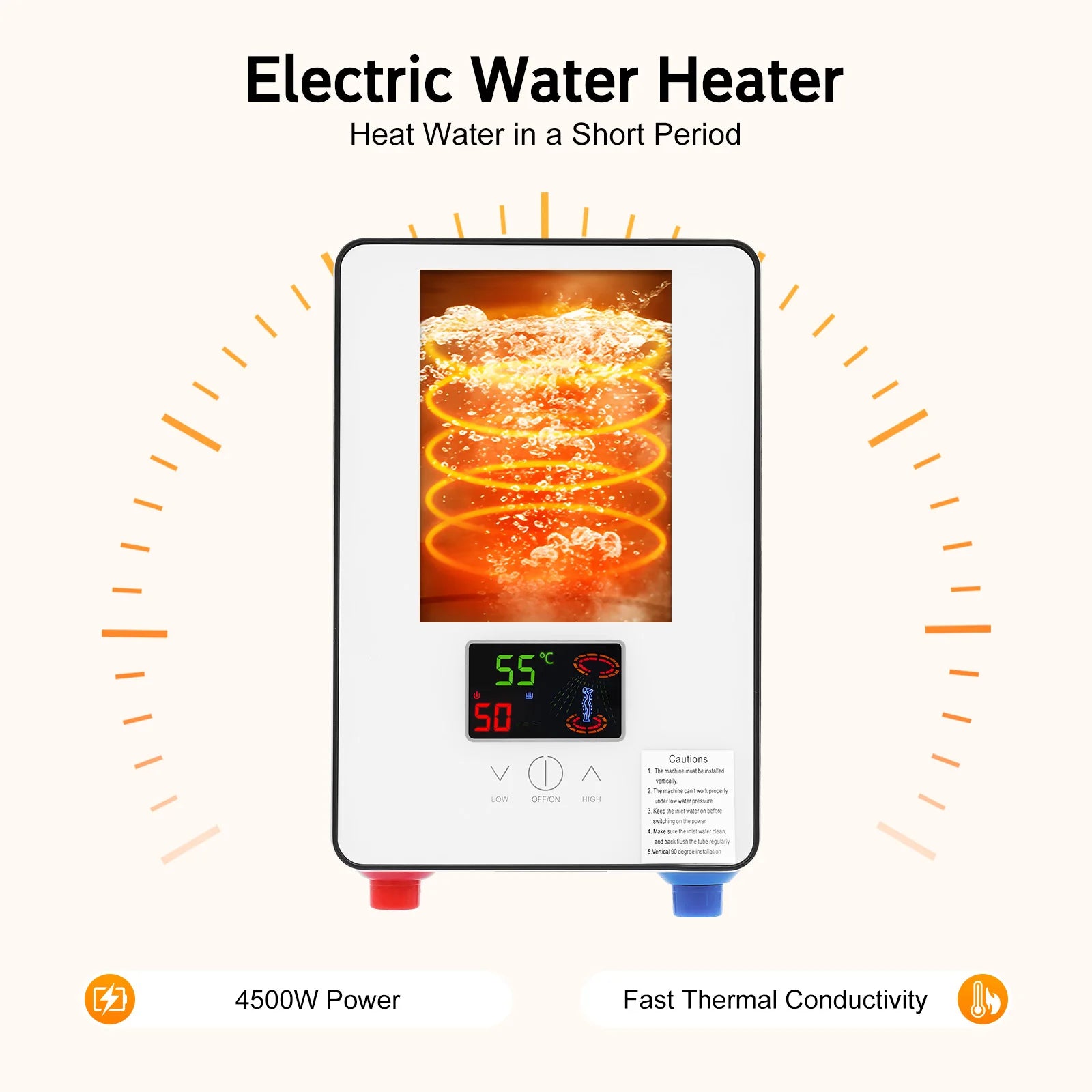 4500W electric water heater with LED touch screen thermostat and red/blue inlet connectors