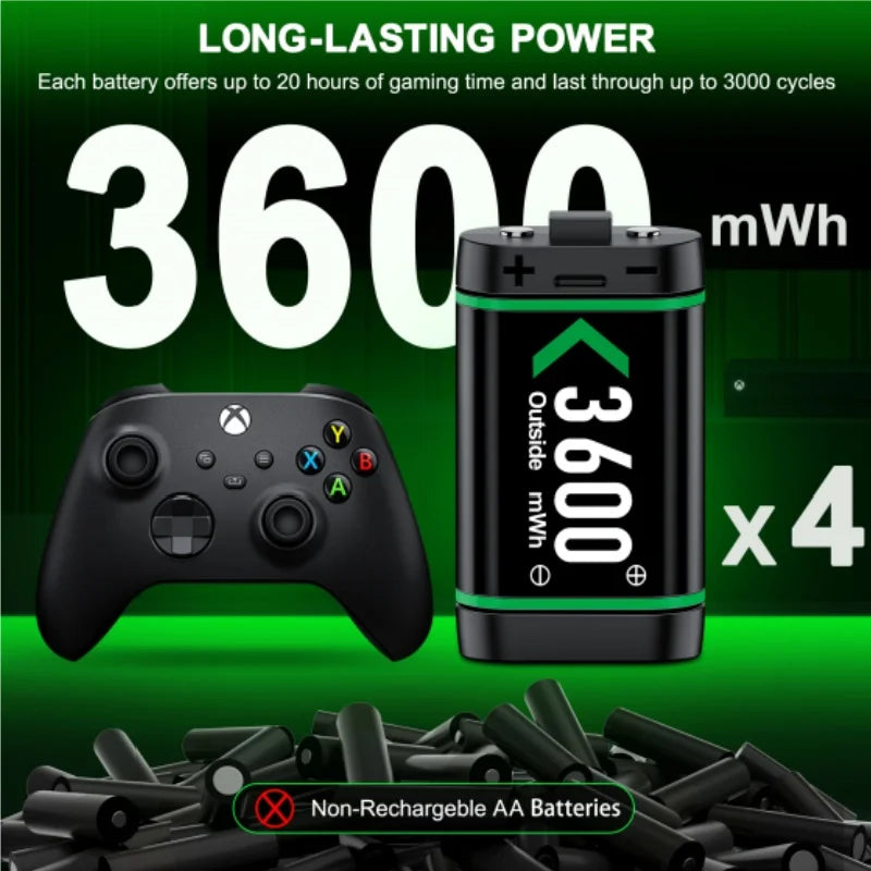 Rechargeable Xbox controller battery pack for Xbox One and Series X/S, 3600mWh, 4×, S And B Enterprise, black with green accents