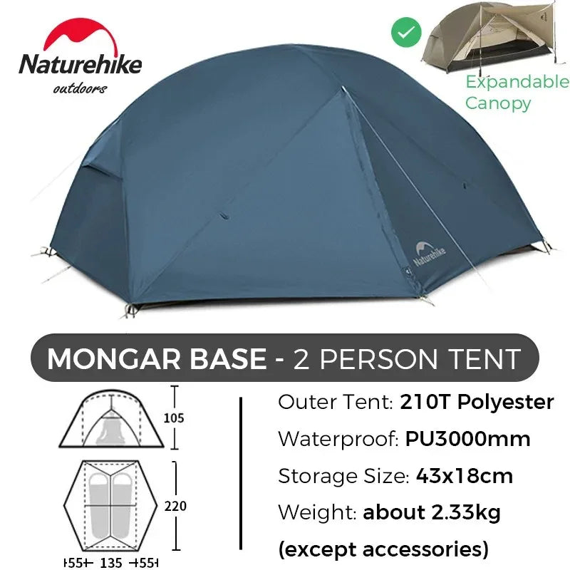 Naturehike Mongar 2-person tent in blue; 210T polyester outer, PU3000mm waterproof