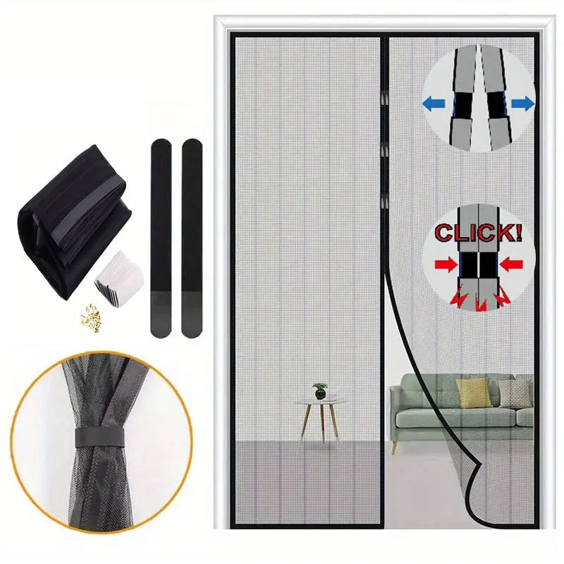 S And B Enterprise magnetic door curtain screen mesh with auto-closing magnets; black mesh; installation kit included