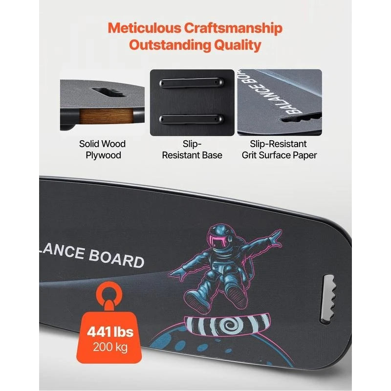 Balance Board by S And B Enterprise, 2-in-1 wooden wobble trainer with black surface and astronaut graphic