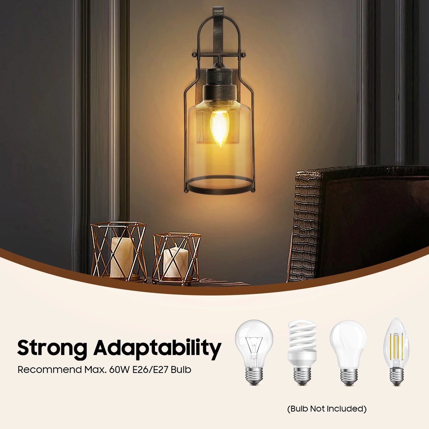 Retro industrial wall lamp by S And B Enterprise; rust iron frame, clear glass shade, E26/E27 socket, bulb not included