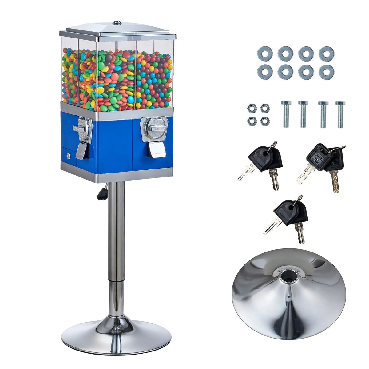 Four-compartment rotatable gumball dispenser by S And B Enterprise on chrome pedestal; blue base, clear chambers.