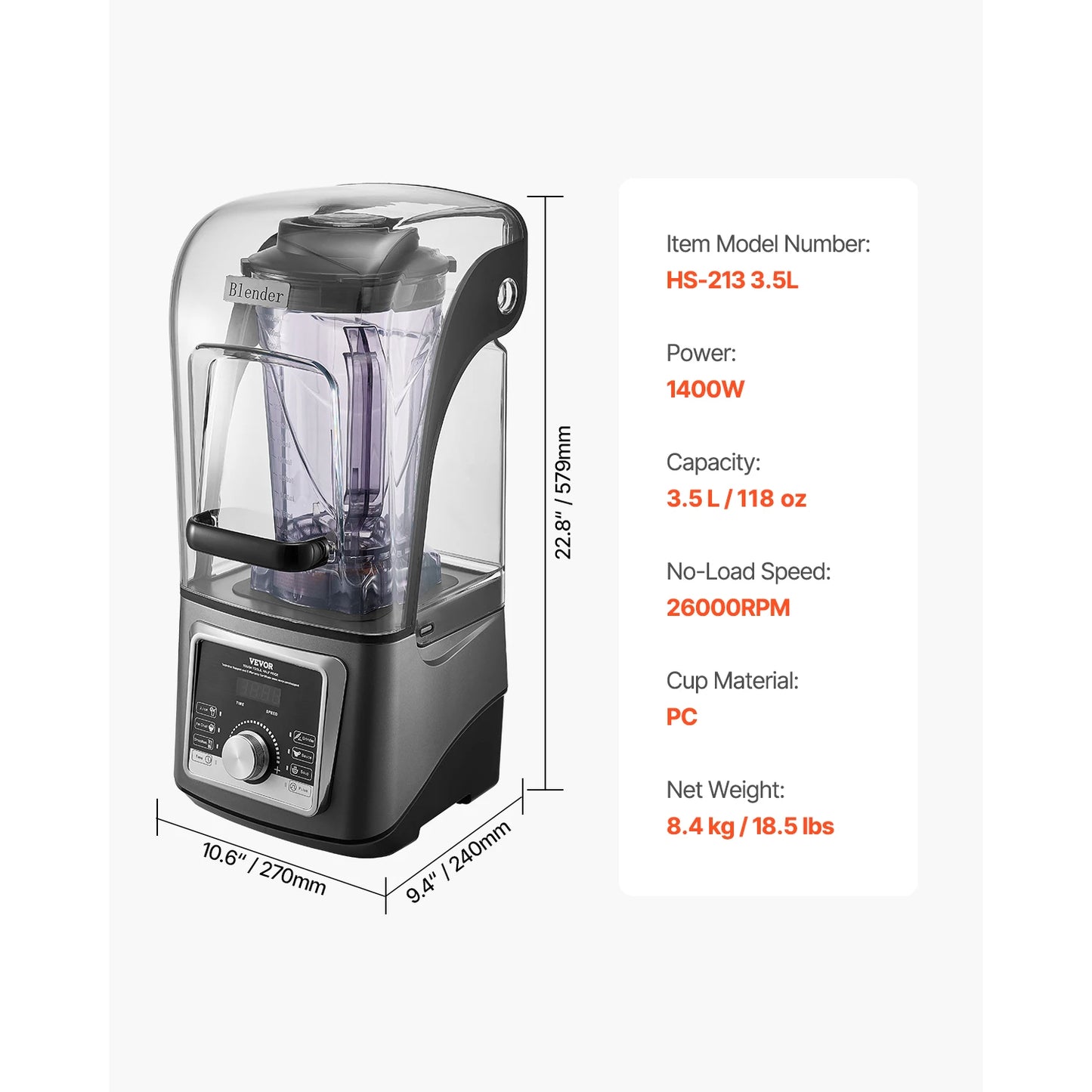 VEVOR 1400W Electric Blender For Smoothies And Food Processing