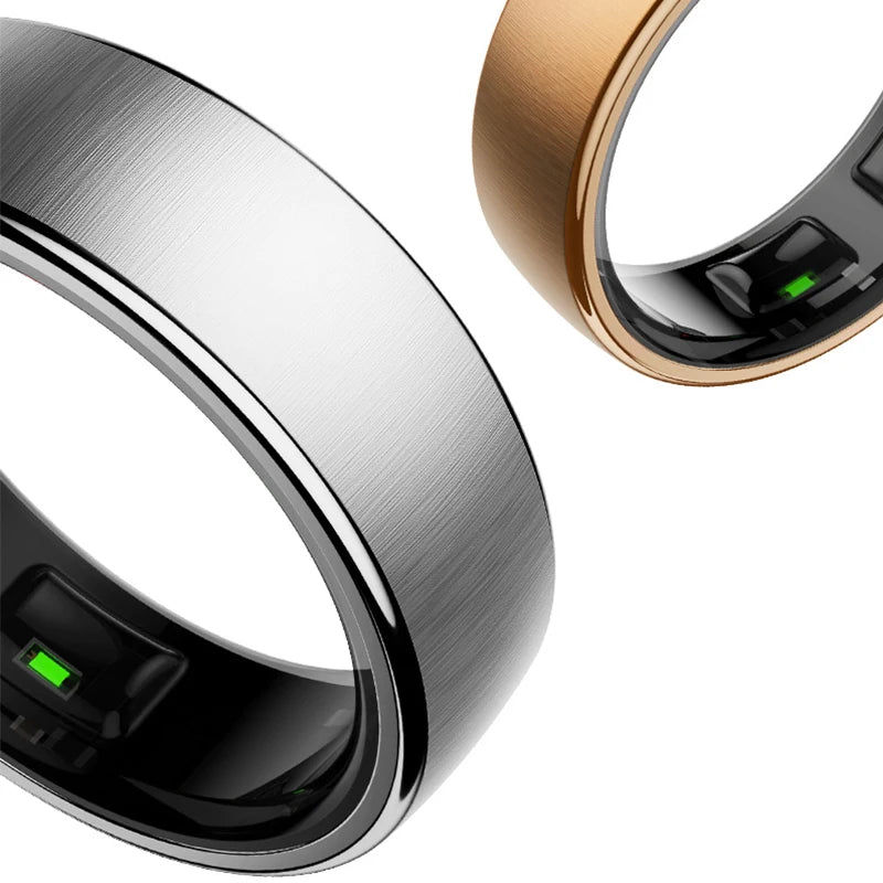 2 metal smart rings in silver and rose-gold tones; waterproof health monitor for health and sleep tracking.