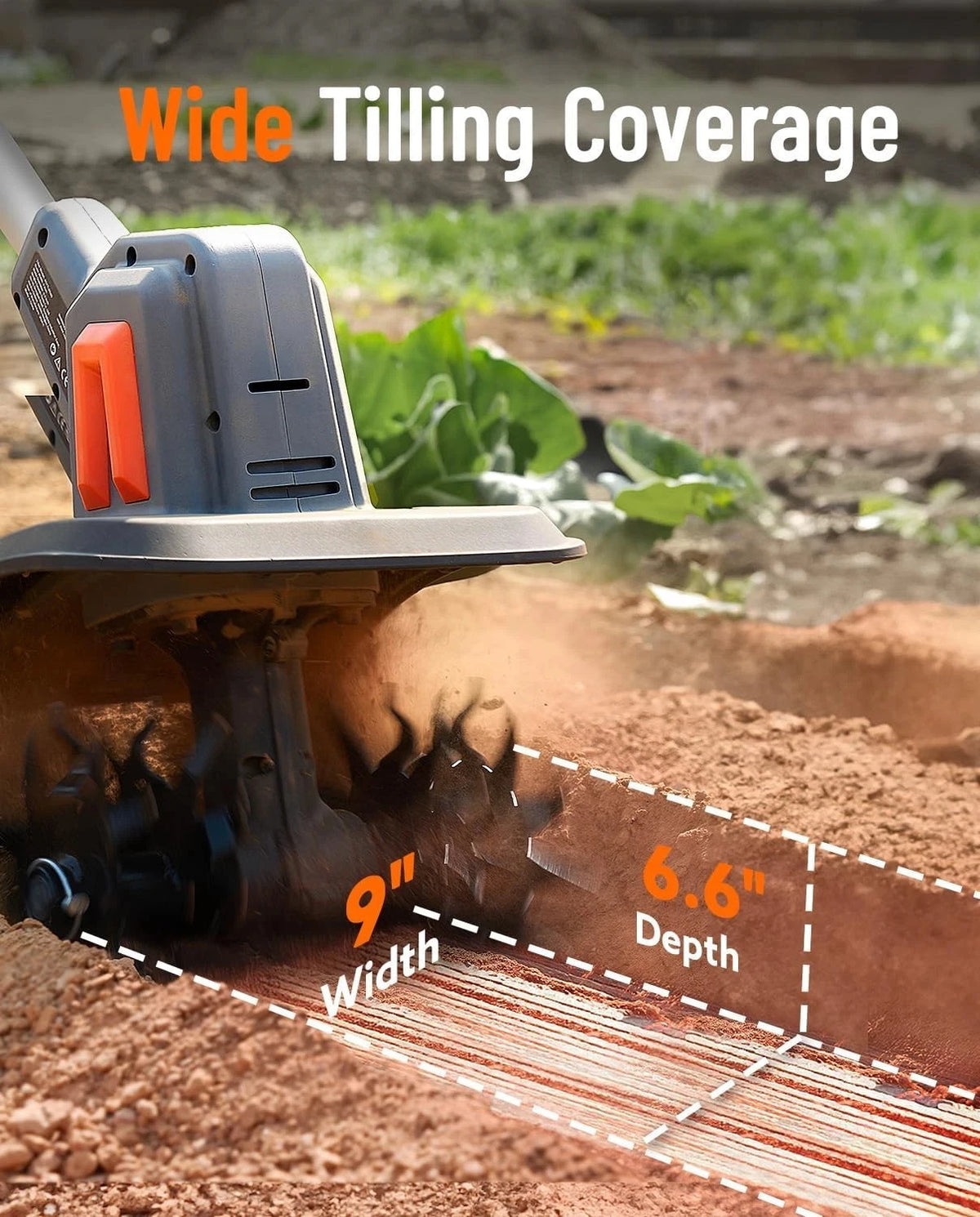 TaskStar cordless electric tiller by S And B Enterprise; gray garden cultivator with orange switches, 9-inch width.