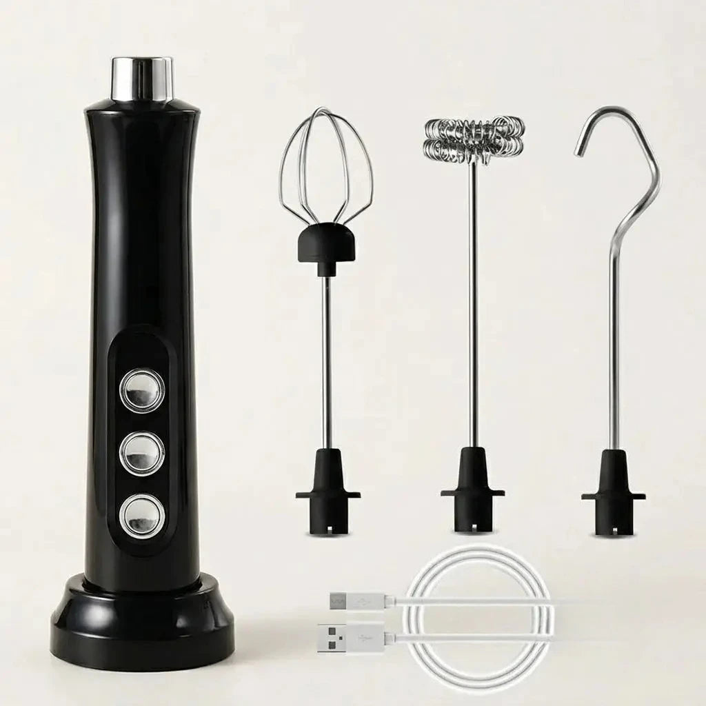 Milk frother, black USB rechargeable handheld with 3-speed control and 3 whisk attachments plus USB charging cable.