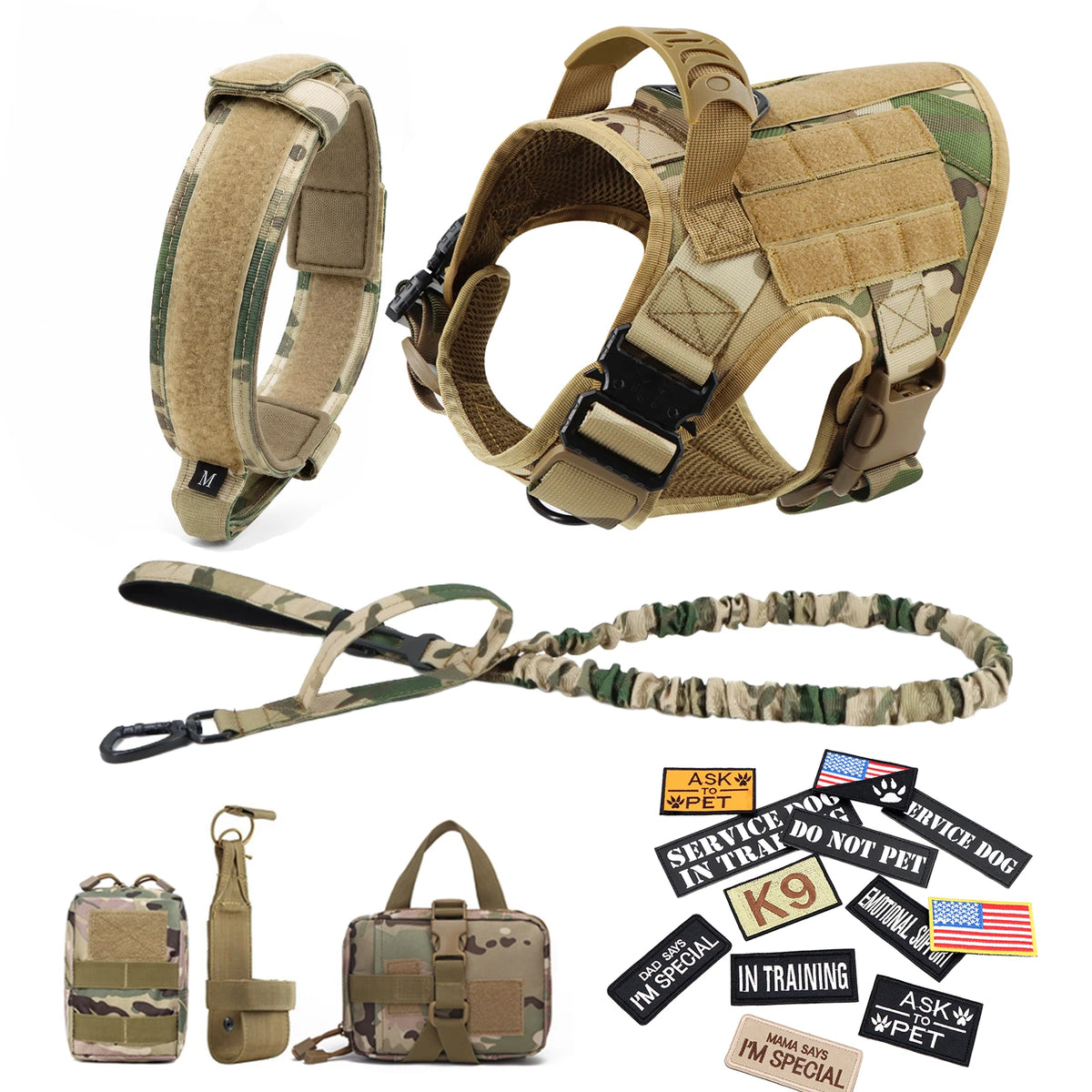 Military camouflage dog harness set with leash, collar, bags and patches for Malinois training